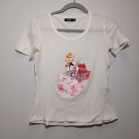 Cnc Costume national womens xsmall graphic teeshirt cream pink lightweight sheer - Picture 2 of 11